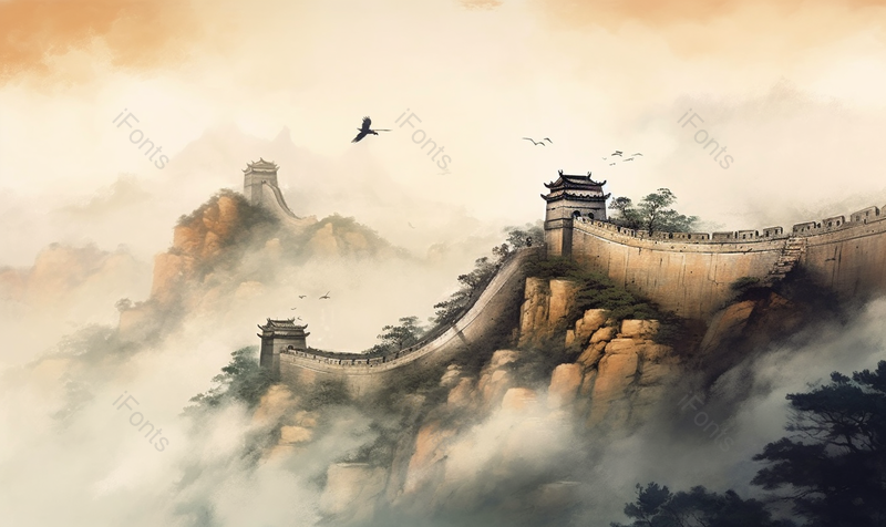 中国风古风彩色水墨飞鸟飞过万里长城水墨山水画长城国画插画,插画/手绘图,插画/手绘图库,插画/手绘图下载,插画/手绘